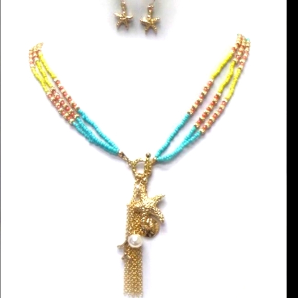 layered seed beaded sea life charm necklace set - Picture 3 of 4